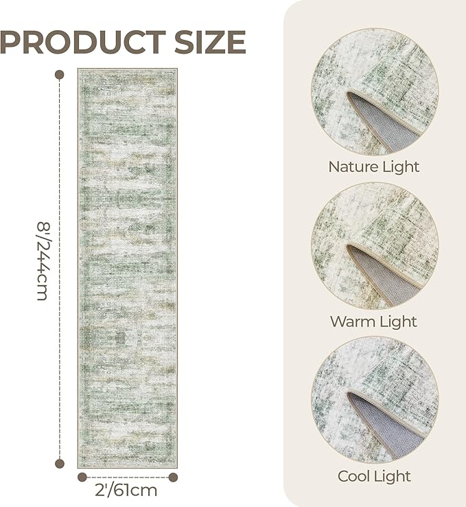 Rug Runners for Hallways Non Slip - 2x8 Runner Rug for Bedroom, Washable Runner with Rubber Backing, Soft Low-Pile Carpet for Kitchen, Laundry, Bathroom (2'x8', Green/Yellow/Ivory)