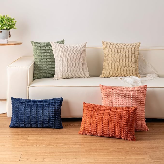 Pack of 2 Corduroy Decorative Throw Pillow Covers 26x26 InchSoft Striped Pillow Covers Modern Farmhouse Home Decor for Sofa Living Room Couch Bed（Blue）