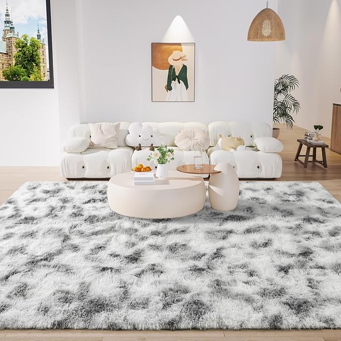 LOCHAS Ultra Soft Indoor Modern Area Rugs 8 x10, Fluffy Living Room Carpets for Children Bedroom Home Decor Nursery Rug, Tie-Dyed Grey & White