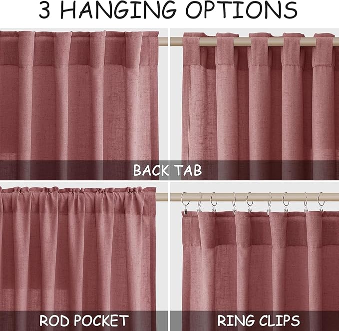 Canyon Rose Linen Curtains 132 Inch Length for Living Room Light Filtering Semi Sheer Curtain Back Tab Modern Farmhouse Decor Boho Girl Drapes Floor to Ceiling High Window for Bedroom 52x132, 2 Panels