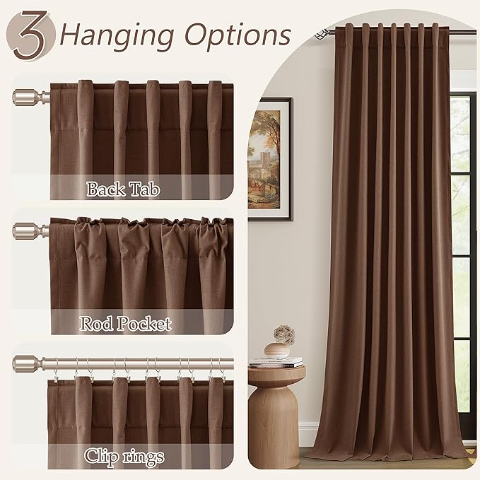 Guken 100% Blackout Curtains 102 Inch Length 2 Panels Set for Living Room Bedroom Back Tab Thermal Insulated Black Out Linen Drapes Room Darkening Window Curtains Rustic Brown