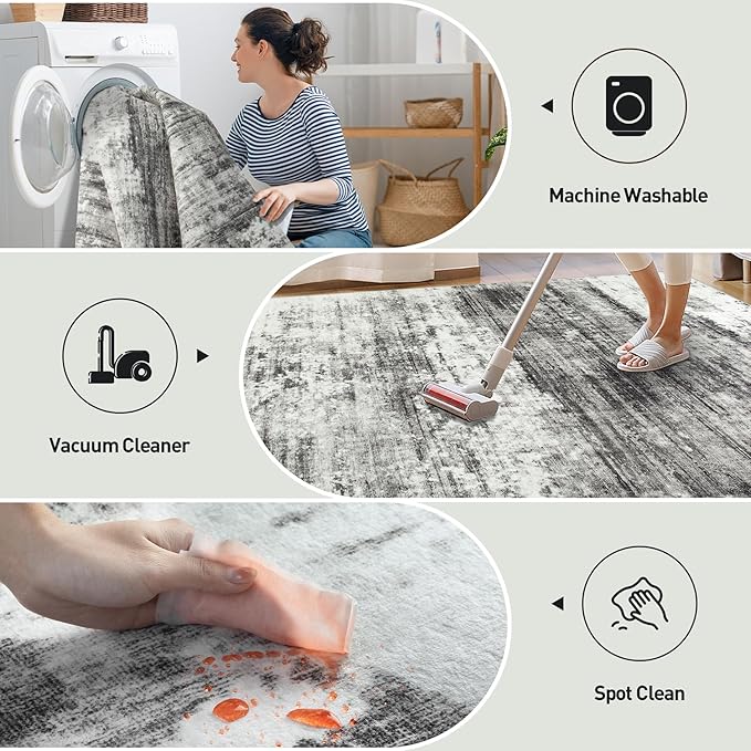 8x10 Area Rugs Washable Rug: Large Modern Abstract Living Room Rug Soft Anti-Skid Thin Carpet Indoor Floor Non-Shedding Carpets for Bedroom Dining Room Farmhouse Nursery Home Office Black Grey