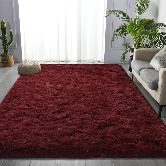 Large Shag Area Rugs 8 x 10, Plush Fuzzy Rugs for Living Room, Ultra Soft Fluffy Furry Rug for Bedroom, Indoor Carpet Nursery Rugs for Kids Room Home Decor, Burgundy