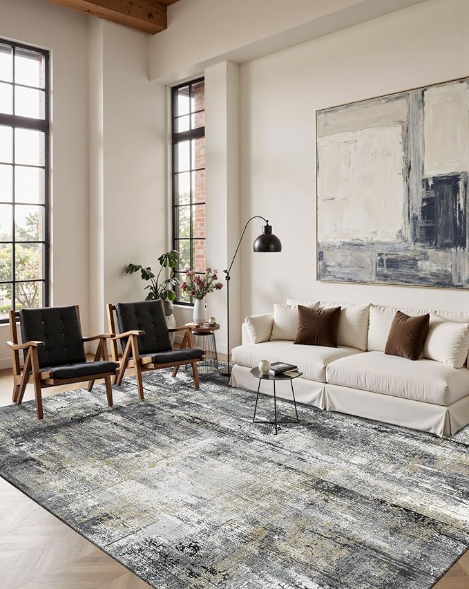 Latte&Fog 6x9 Area Rugs for Living Room Bedroom, Black Modern Abstract Neutral Washable Rug, Boho Non Slip Low Pile Carpet for Dining Room, Dorm,Classroom,College Dorm and Farmhouse - Black Gold