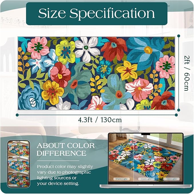Front Door Mat Indoor Entrance - 2x4.3 Ft Floral Washable Layered Doormat Outdoor Entrance Porch Rug Non-Slip Spring Colorful Flower Runner Rug for Kitchen Bedroom Laundry Room Porch Decor