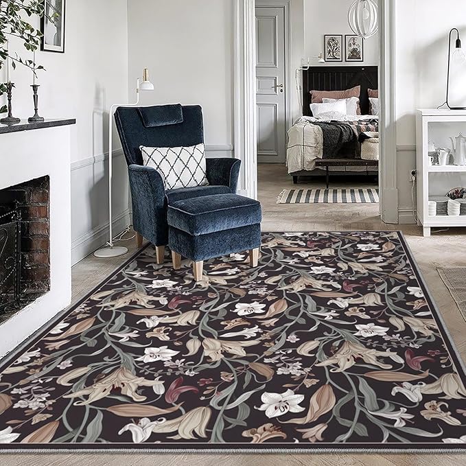 Area Rug 8x10 Vintage Rug Traditional Mat,Non Slip Indoor Boho Area Rug Carpet Home Décor for Entryway, Bedroom, Dining Room (Dark Floral)