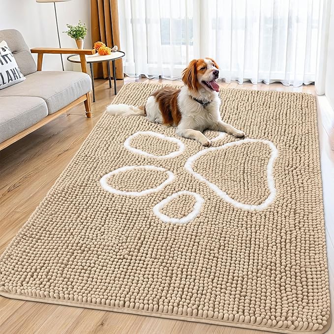 Smiry Dog Door Mat for Muddy Paws, Absorbent Dirt Trapper Non Slip Quick Dry Washable Chenille Mat for Mud Dogs, Entry Rug for Indoor and Outdoor (70x32 Inches, Beige and White)