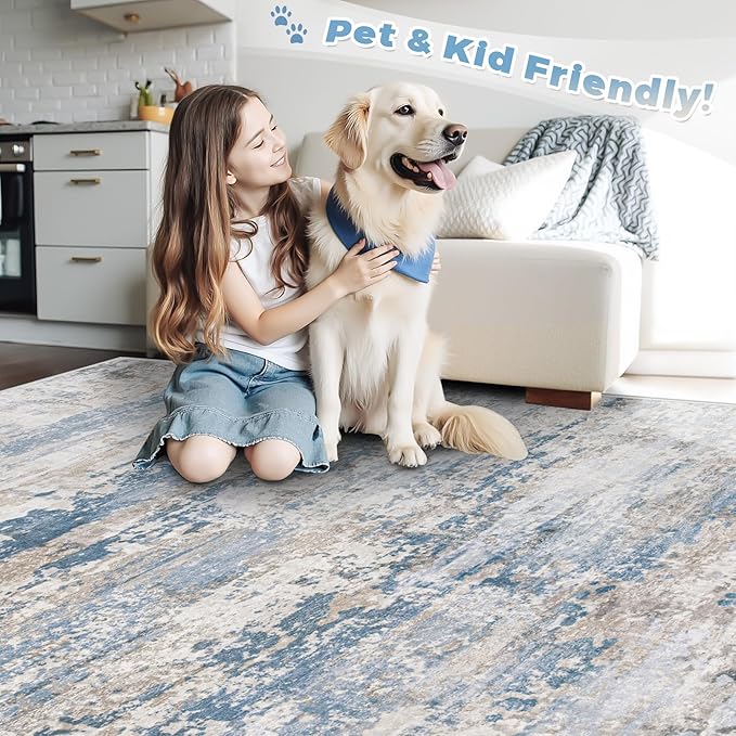 pmtsns Area Rugs 6x9 for Living Room: Washable Rug Modern Abstract Neutral Soft Non-Slip Low-Pile Indoor Carpet for Bedroom Dining Room Playroom Home Office (Light Blue Brown, 6'x9')