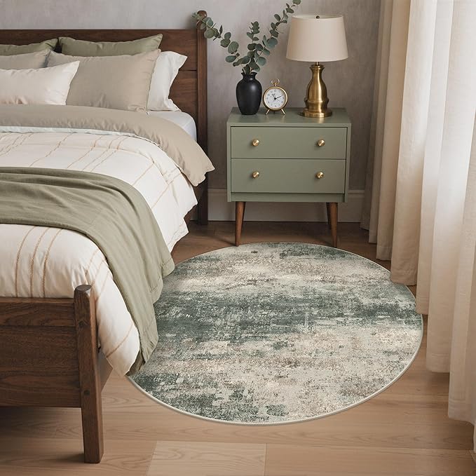 Round Rugs 5FT for Living Room Bedroom, Modern Abstract Machine Washable Circle Rug, Soft Low Pile Floor Cover with Non Slip Backing for Dining Room, Grey/Dark Green