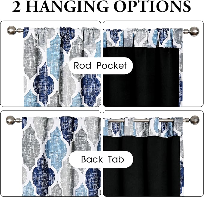 Beauoop 100% Blackout Curtains 84 Inches Long 2 Panels for Bedroom Living Room Blue Grey Moroccan Geo Room Darkening Thermal Insulated Soundproof Rod Pocket Back Tab Window Treatments Drapes, 50x84