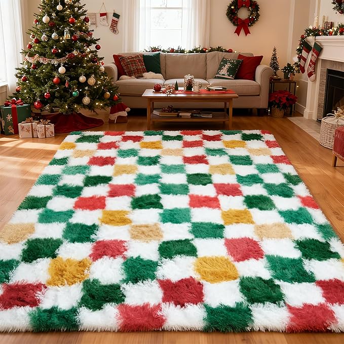 Checkered Area Rug 5x8 for Bedroom Living Room, Christmas Shag Rug Fuzzy Shaggy Bedside Carpet, Indoor Plush Floor Rugs for Kids Boys Girls Room Holiday Home Decor