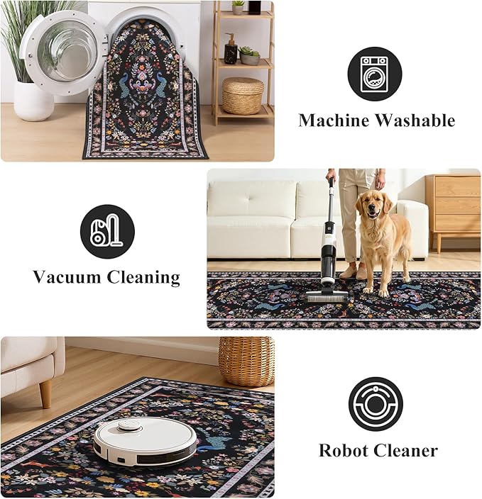 HEBE Washable Hallway Runner Rug 2'x 8' Non Slip Kitchen Rugs Runner,Low Pile Entryway Rug Laundry Room Mat Floral Carpet Runners for Hallways, Kitchen,Bathroom,Laundry,Bedside Rug