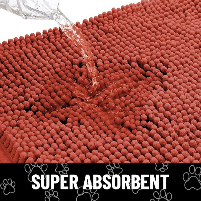 Smiry Dog Door Mat for Muddy Paws, Absorbent Dirt Trapper Non Slip Quick Dry Washable Chenille Mat for Mud Dogs, Entry Rug for Indoor and Outdoor (30x20 Inches, Maple Red and Black)