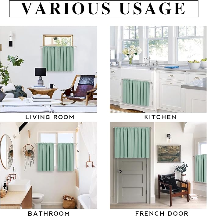 RYB HOME Blackout French Door Window Curtain Covering, Rod Pocket Thermal Insulated Privacy Non See Through Drapes for Bathroom Window, Width 29 by Length 45, Aqua, 2 Panels