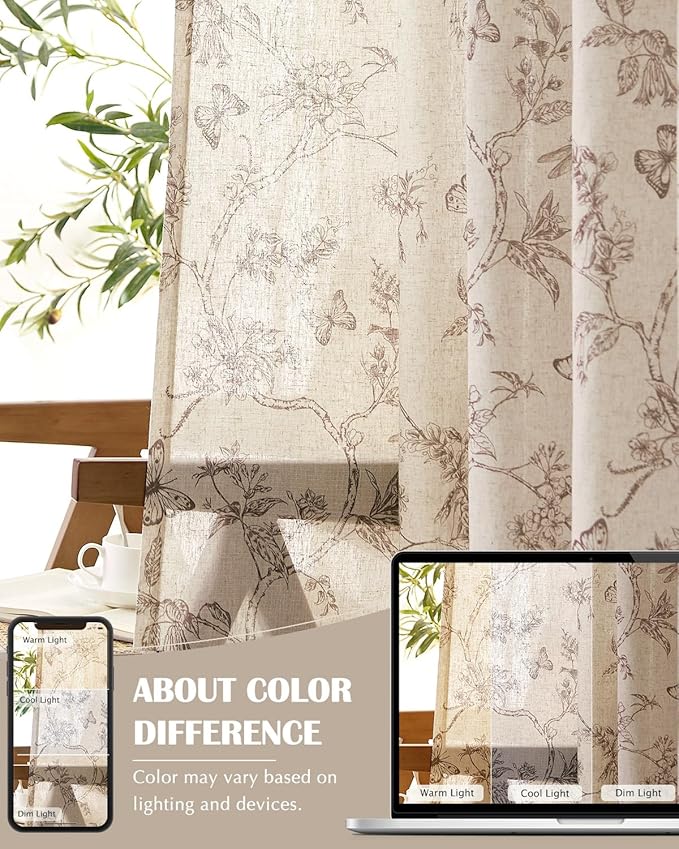 jinchan Floral Linen Curtains for Living Room 96 Inch Length Butterfly Curtain Taupe Floral Curtains French Country Farmhouse Curtain Flower Patterned Drapes Window Treatment Set 2 Panels