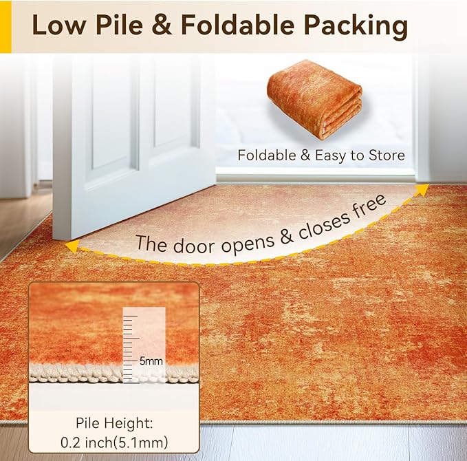 Washable Area Rugs 5'x7' Non-Slip Modern Abstract Soft for Living Room Entryway Bedroom Nursery, Print Pattern, Orange