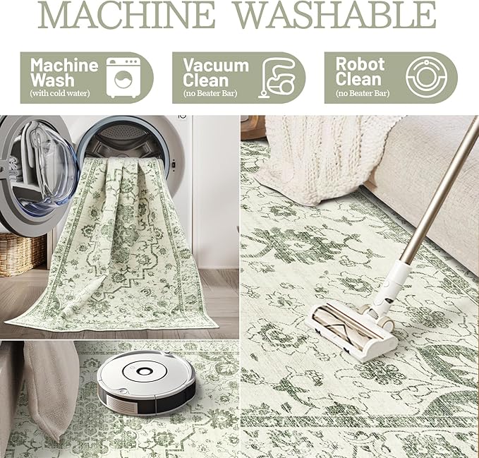 Madane 6x9 Area Rugs for Living Room, Vintage Stain Resistant Area Rug, Washable Floral Print Thin Floor Carpet with Non-Slip Backing for Bedroom Dining Room, Green/Ivory