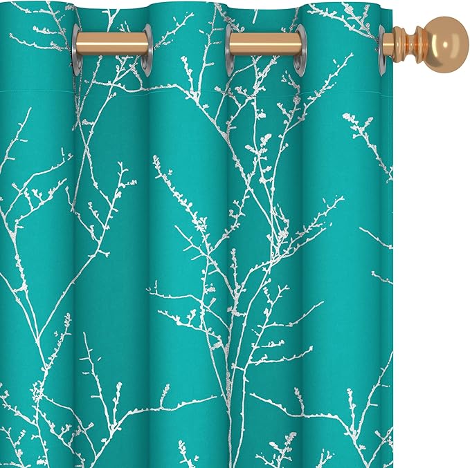 Deconovo Blackout Curtains, Thermal Insulated Soundproof Drapes with Tree Foil Print, 42 x 84 Inch, Set of 2, Machine Washable Window Curtain for Bedroom Living Room Nursery Kitchen Office, Turquoise