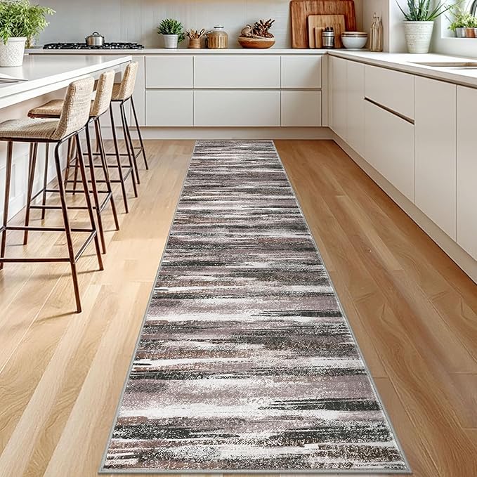 Lansny Modern Abstract Runner Rug 2.6x12, Dark Light Brown White Washable Long Kitchen Runner Non-Slip Soft Hallway Rug Runner Thin Print Faux Wool Carpet for Entryway Bedroom Laundry Room Indoor