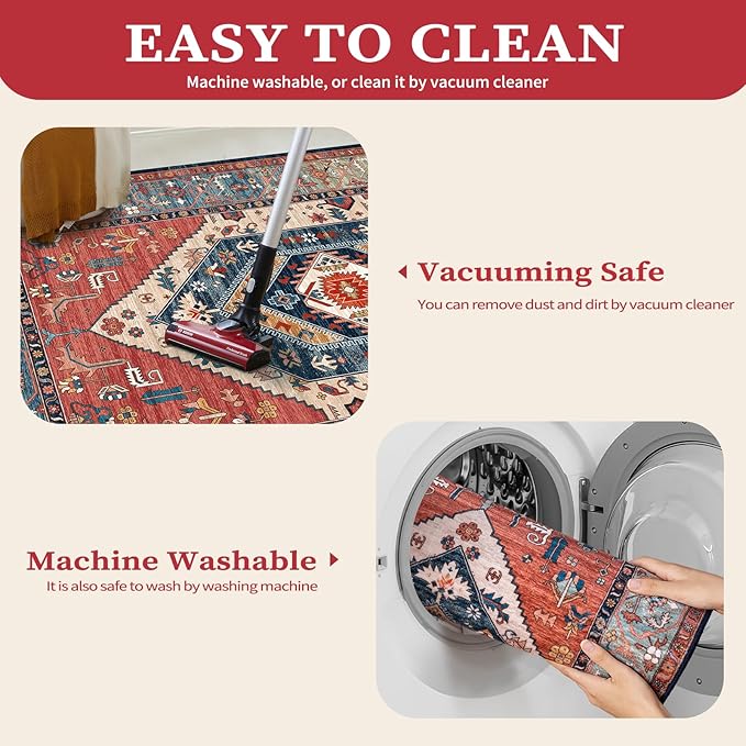 SERISSA 2x4 Boho Rugs for Entryway, Washable Non-Slip Kitchen Runner Rug, Ultra Soft Small Area Rug Vintage Rust Low-Pile Door Mat Indoor Entrance Carpet for Bedroom Hallway Laundry Room Bathroom