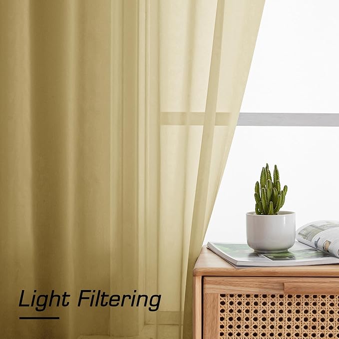 Simplebrand Gold Sheer Tier Curtains for Kitchen 24 Inches Long 2 Panels Set, Rod Pocket Cafe Curtain Light Filtering Sheer Short Curtains for Bathroom/Basement Half Window 42 x 24 Inch