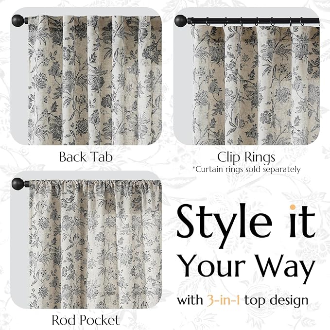 jinchan Linen Floral Curtains for Living Room with Printed Flower 96 Inches Long Light Filtering French Country Back Tab Rod Pocket Black Window Curtain Set Farmhouse Drapes 2 Panels Black