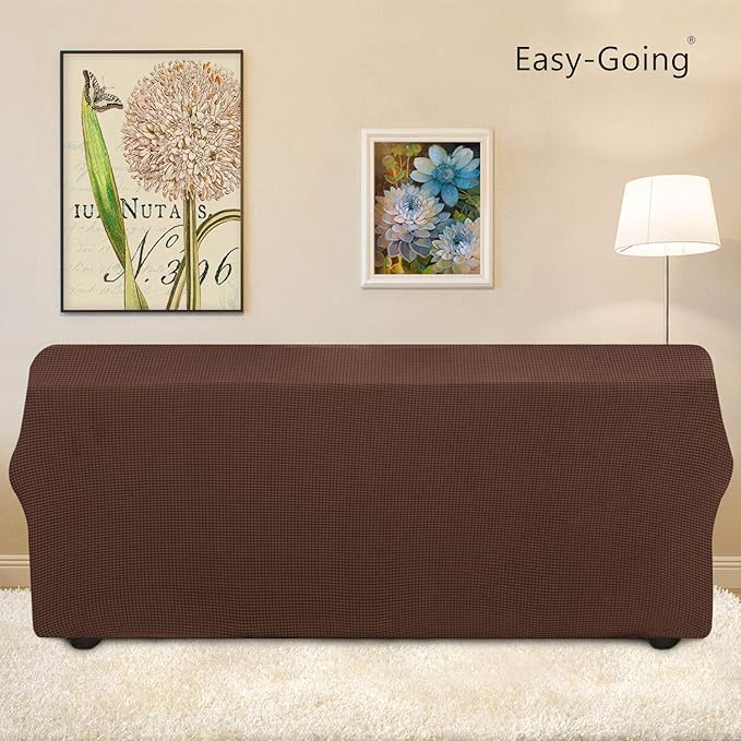 Easy-Going Stretch 4 Seater Sofa Slipcover 1-Piece Sofa Cover Furniture Protector Couch Soft with Elastic Bottom for Kids, Polyester Spandex Jacquard Fabric Small Checks Coffee