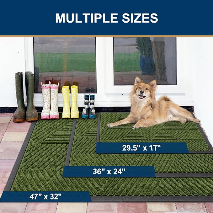 Smiry Front Door Mat Outside Entrance, Heavy Duty Sturdy Natural Rubber Doormat, Trap Dirt and Moisture, Easy Clean Low Profile Mats for Indoor Outdoor Entry, Irregular Triangle (29.5x17, FST-Green)
