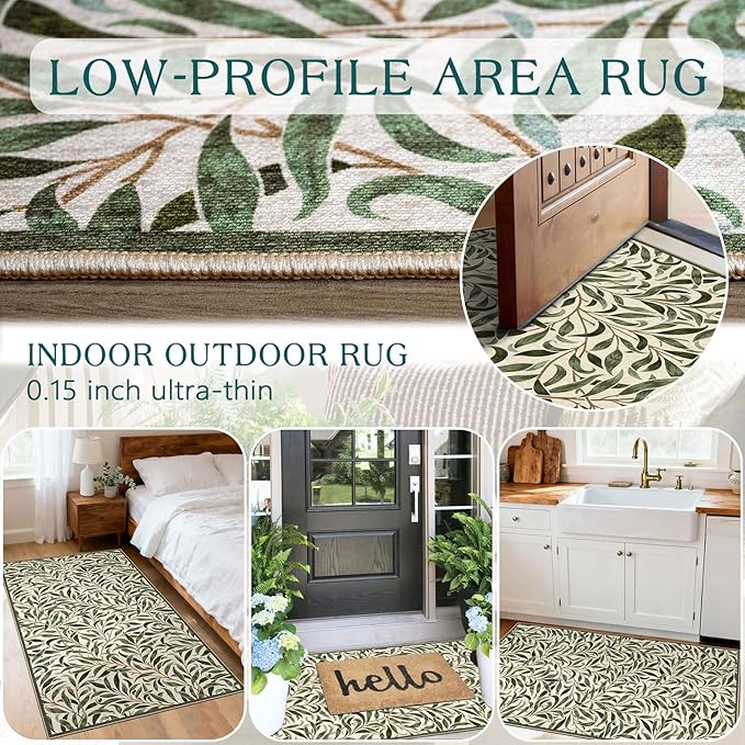 Boho Outdoor Rug - 28" x 43" Front Door Mat Indoor Outside Entrance Non-Slip Washable Outdoor Mat Spring Sage Green Leaf Rug for Entryway Kitchen Bedroom Layered Doormat for Front Porch