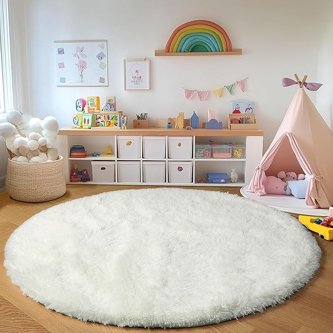 ONASAR Cream White Round Rugs 5ft for Bedroom Living Room, Ivory Fluffy Circle Area Rug for Kids Girls Boys Teen, Soft Plush Shaggy Carpet for Nursery Dorm Classroom Playroom Home Decor Aesthetic