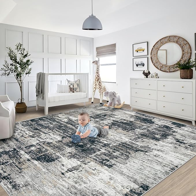 XLUEZ 8x10 Area Rugs for Living Room, Washable Modern Abstract Large Area Rug Neutral Soft Non Slip Kids Rug Stain Resistant Indoor Carpet for Bedroom Nursery Dining Room Playroom(BlackGrey, 8'x10')