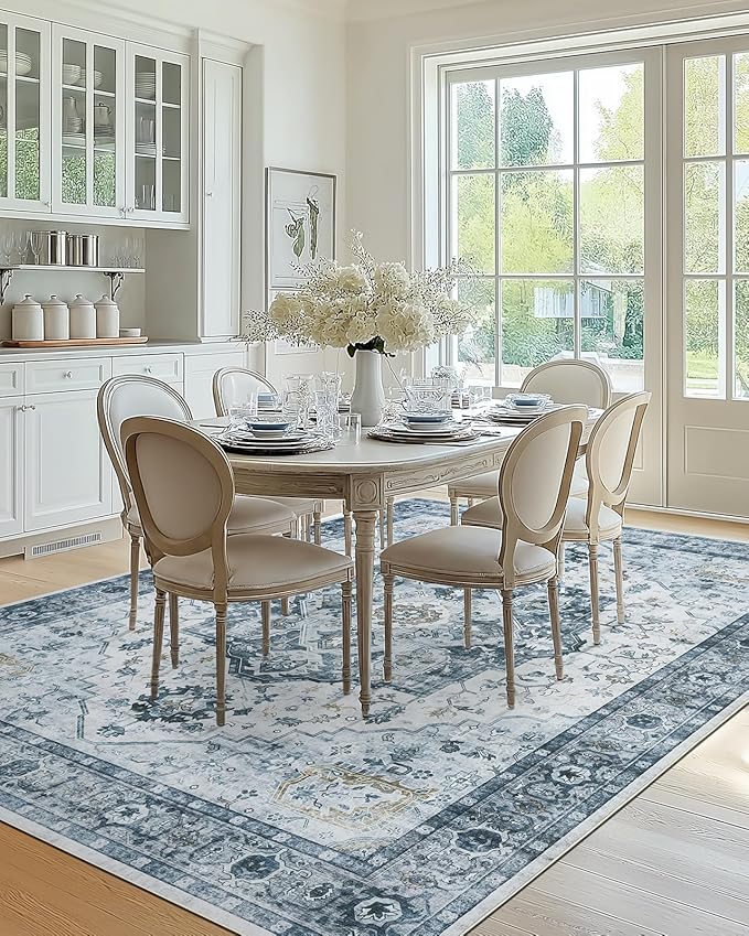 AMADA HOMEFURNISHING 8x10 Area Rug, Washable Low-Profile Large Area Rug with Non-Slip Backing & Durable Edge Binding, Vintage Large Rugs for Living Room, Bedroom