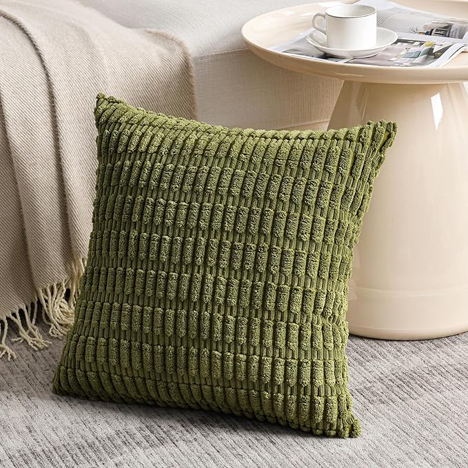 Fancy Homi 4 Packs Boho Moss Green Decorative Throw Pillow Covers 20x20 Inch for Couch Bed Sofa, Rustic Modern Farmhouse Home Decor, Soft Plush Corduroy Square Cute Cushion Case 50x50 cm