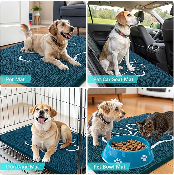 OLANLY Dog Door Mat for Muddy Paws 35x24, Paw Print Design, Absorbs Moisture and Dirt, Absorbent Non-Slip Washable Doormat, Quick Dry Chenille Mud Mat, Entry Indoor Entryway Carpet, Atlantic Blue