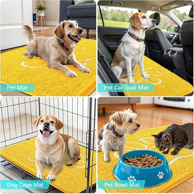 OLANLY Dog Door Mat for Muddy Paws 36x24, Paw Print Design, Absorbs Moisture and Dirt, Absorbent Non-Slip Washable Doormat, Quick Dry Chenille Mud Mat for Dogs, Entry Indoor Entryway Carpet, Yellow