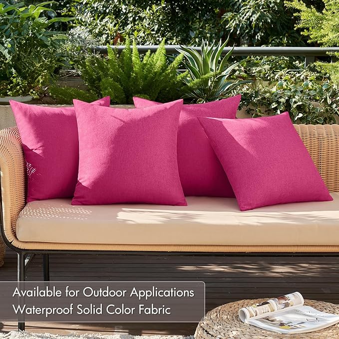 MIULEE Pack of 4 Decorative Outdoor Throw Pillow Covers Linen Waterproof Pillow Covers Farmhouse Cushion Cases for Patio Garden Tent Balcony Couch Sofa 16x16 inch Hot Pink