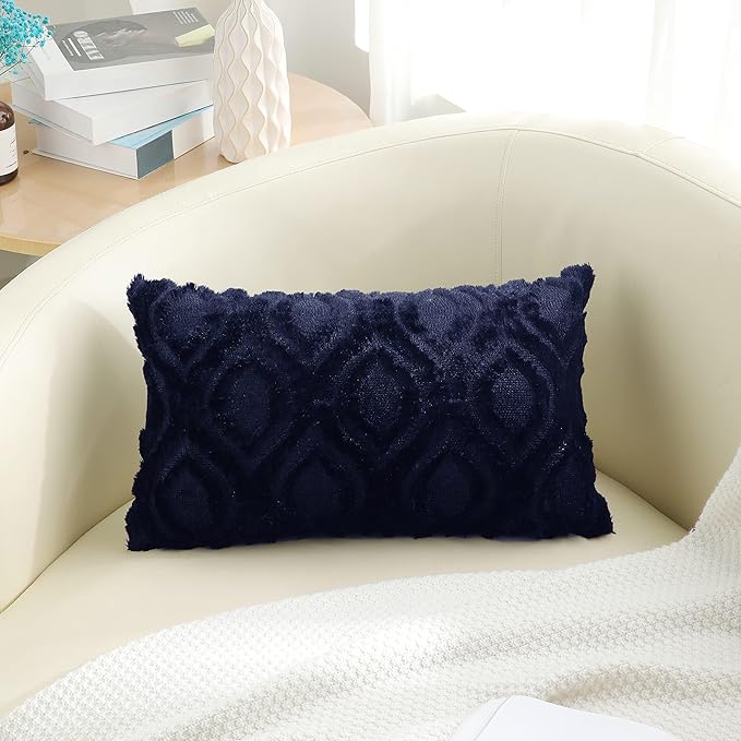 decorUhome Summer Throw Pillow Covers 12x20 Inch Set of 2, Soft Plush Faux Wool Navy Blue Solid Couch Pillow Covers, Accent Farmhouse Neutral Rectangle Pillow Cases for Sofa Bed Living Room