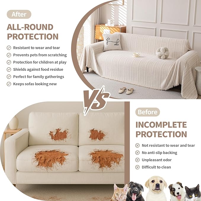 Boho Chenille Couch Cover for Dogs, Non Slip Sofa Cover, Couch Slipcover Covers for 3 Cushion, Furniture Protector with Tassels for Pets Washable, 91"x118", Fishbone Beige