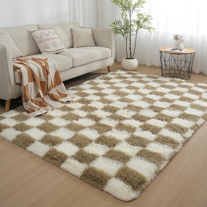 Checkered Area Rugs for Living Room 8x10, Fluffy Beige and White Checkered Rug Fuzzy Shag Shaggy Carpets for Bedroom, Soft Plush Furry Rug for Boy Girls Room Dorm Home Decor