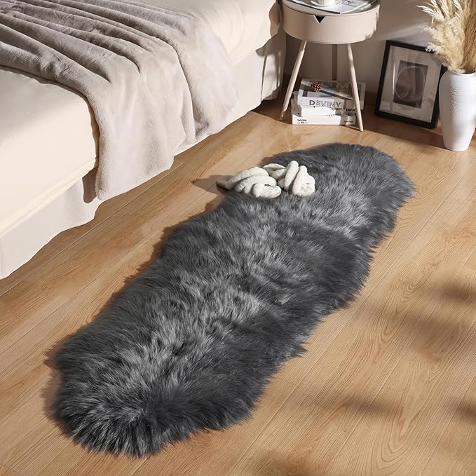 Ashler Faux Fur Rug, Fluffy Shaggy Area Rug, Ultra Soft 2 x 6 Feet Sheepskin Fur, Dark Grey Fuzzy Machine Washable Shag, Nursery Decor Throw for Bedroom, Kids Room, Living Room