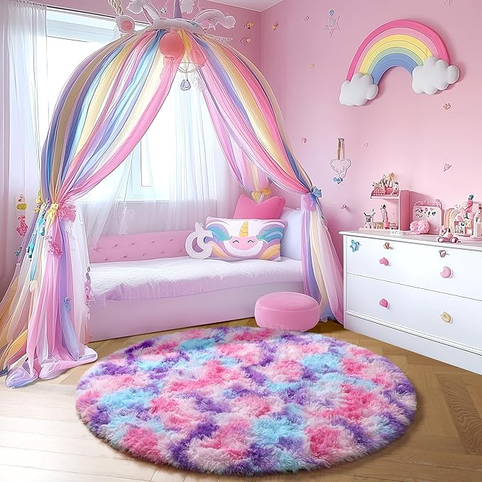 Amdrebio Hot Pink Rainbow Round Circle Area Rug 5Ft for Girls Bedroom, Fluffy Cute Fuzzy Colorful Pastel Kids Rugs for Nursery Playroom Classroom, Unicorn Shag Princess Carpet for Baby Toddler Teen