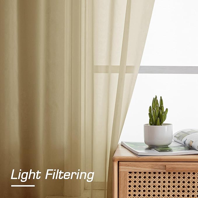 OWENIE Gold Sheer Curtains 84 Inch Length 2 Panels Set, Light Filtering Voile Fimly Sheer Drapes for Living Room/Bedroom, 2pcs, Gold Solid Rod Pocket Sheer Curtains, Each 42" W x 84" L
