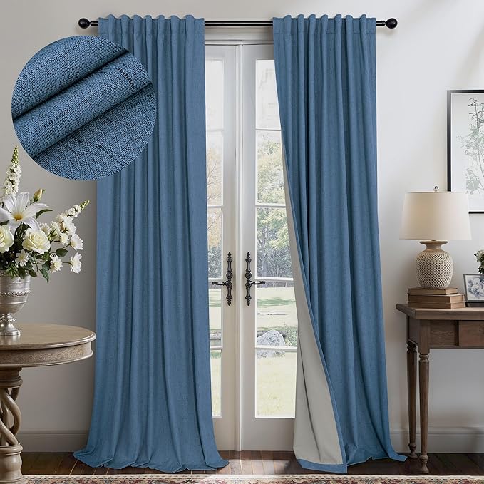 Denim Blue Back Tab Blackout Curtains 108 Inches Long 2 Panel Set Cotton Linen Textured Darkening Drapes Sound Proof Ceiling Curtain for Bedroom Living Room Divider Patio Sliding Glass Door 108 Length