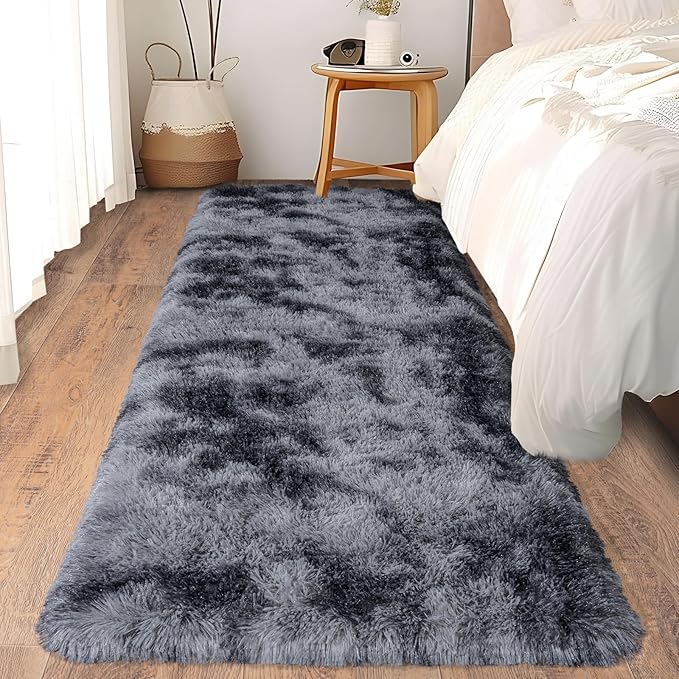 Ultra Soft Runner Rugs for Bedroom Hallways with Upgraded Non-Slip Rubber Backing & Thick Memory Sponge, 2 Packs 2x6 Feet Fluffy Shag Throw Area Rug for Bedside Dorm Tie-dye Dark Grey
