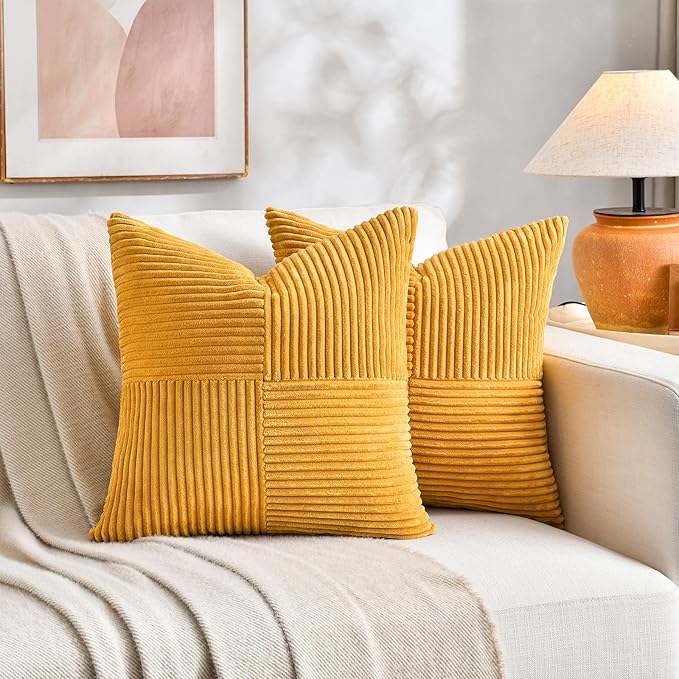 Fancy Homi 2 Packs Sunflower Yellow Spring Decorative Throw Pillow Covers 18x18 Inch for Living Room Couch Bed Sofa, Gold Yellow Home Decor, Soft Corss Corduroy Patchwork Textured Cushion Case 45x45cm
