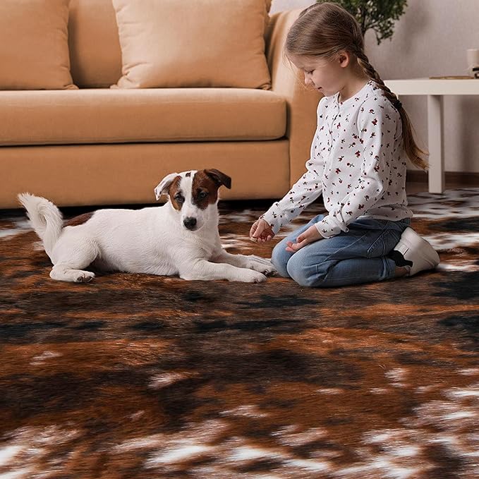 Cow Print Faux Cowhide Rug, Fluffy Fur 5.2x7 Feet Washable Cow Rugs for Living Room Bedroom Animal Print Hide Skin Rustic Western Décor Black and Brown
