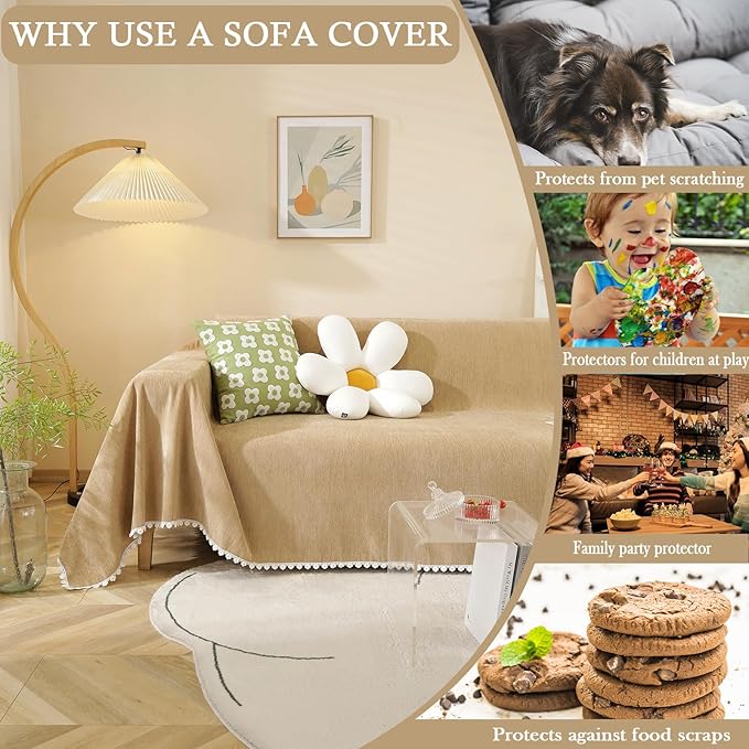 HANDONTIME Khaki Loveseat Covers Couch Cover for Dogs Cats Solid Sofa Covers for 3 Cushion Couch Machine Washable Couch Covers for Sectional Sofa L Shape Chenille Sofa Slipcover Soft, 71" X134"