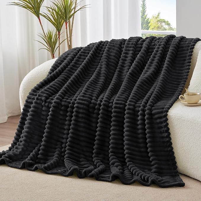 BEDELITE Fleece Black Throw Blanket for Couch - 300GSM Soft & Warm Fluffy Black Blanket, Decorative and Giftable Striped Blankets for Women, Men, 50"x60"