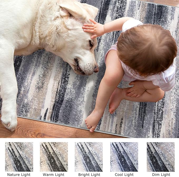 Lansny Modern Abstract 4x6 Living Room Washable Rug Non-Slip Soft Bedroom Area Rug Grey Black Multi Thin Print Faux Wool Floor Carpet Throw Rugs for Nursery Playroom Dining Room Indoor Home Decor