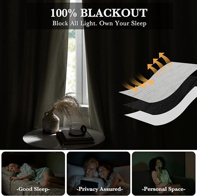 RYB HOME Ivory White 100% Blackout Curtains for Bedroom, Linen Drapes Back Tab&Rod Pocket, Thermal Insulated Privacy Assurd Curtains for Sliding Glass Doors/Dining/Living Room, W52 x L84, 2 Panels